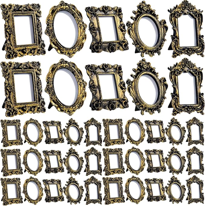 Maitys 40 Pcs Mini Picture Vintage Frames with Stands Tiny Antique Photo Baroque Ornate Resin Oval Frame Table Top Display Home Wedding Decor (Black Gold)