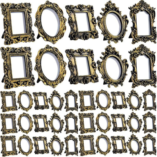 Maitys 40 Pcs Mini Picture Vintage Frames with Stands Tiny Antique Photo Baroque Ornate Resin Oval Frame Table Top Display Home Wedding Decor (Black Gold)