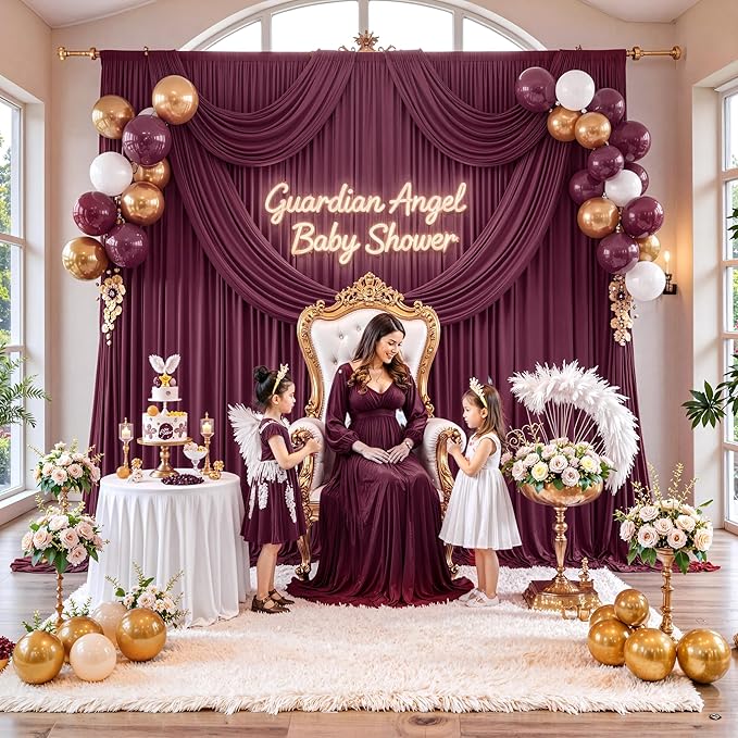 30 ft x 10 ft Wrinkle Free Maroon Backdrop Curtain for Parties, Polyester Burgundy Photo Backdrop Drapes 6 Panels 5x10ft for Baby Shower Wedding Birthday Party Engagement Ceremony Decoration