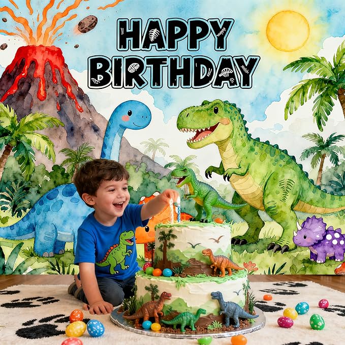 Dinosaur Birthday Backdrop 7x5FT – Happy Birthday Dino Banner with Ribbon & Grommets, Green Jungle Dinosaur Photo Background for Kids Boy Girl Birthday Party Decor