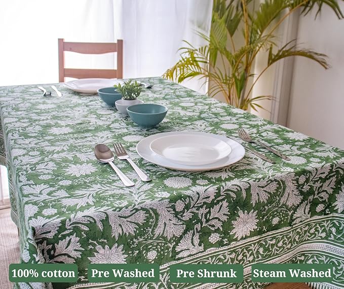 Chirstmas Green Block Print Table Cloth- 60x108 Inch Rectangle 100% Cotton Handmade Pre-Shrink, Washable for Spring, Kitchen & Dining Perfect for Patio, Indoor & Outdoor, Farmhouse