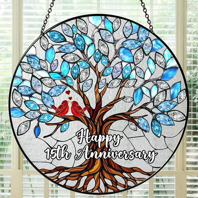 15th Wedding Anniversary Stained Glass Suncatcher, 6x6' Anniversary Decorations, 15th Celebration Marriage Gifts for Parents, Couple, Wife & Husband, 15 Wedding Milestone Keepsake