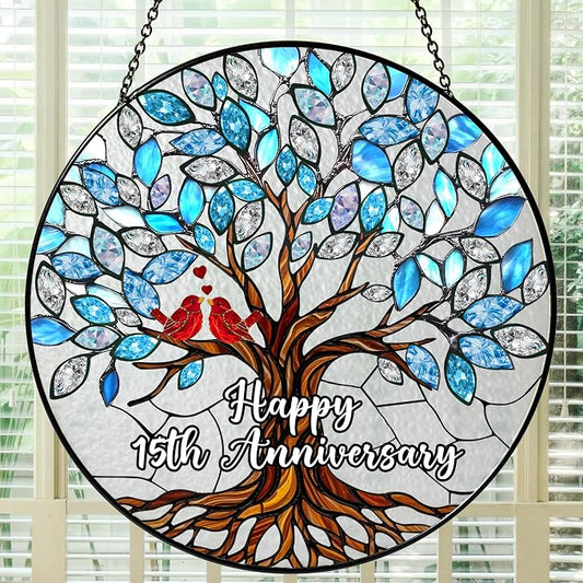15th Wedding Anniversary Stained Glass Suncatcher, 6x6' Anniversary Decorations, 15th Celebration Marriage Gifts for Parents, Couple, Wife & Husband, 15 Wedding Milestone Keepsake