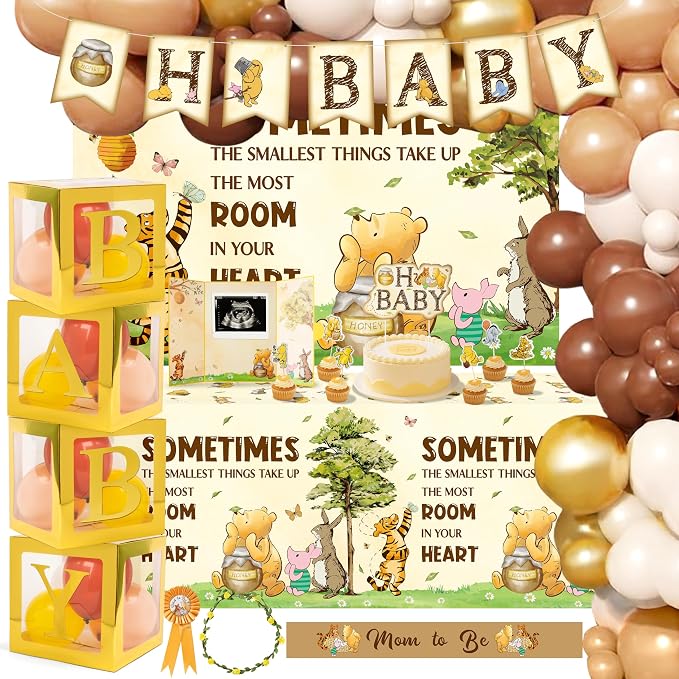 Winnie Baby Shower Decorations for Baby - Vintage Winnie Party Supplies Decorations Kit Includes Bear Backdrop Cake Topper Bear Tablecloth Balloon Arch Box Decoration for Girls Boys Baby Shower
