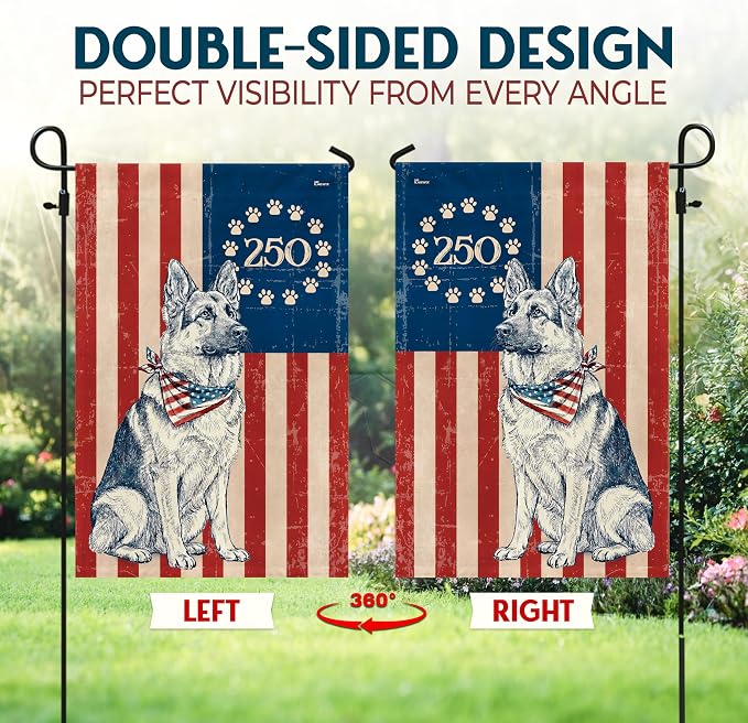 FLAGWIX 250 Anniversary American German Shepherd Flag - Polyester Double-sided Garden Flags For Outside (11.5" x 17.5") - 250 Years 4th of July Decorations for Home Yard Garden Decor Banner