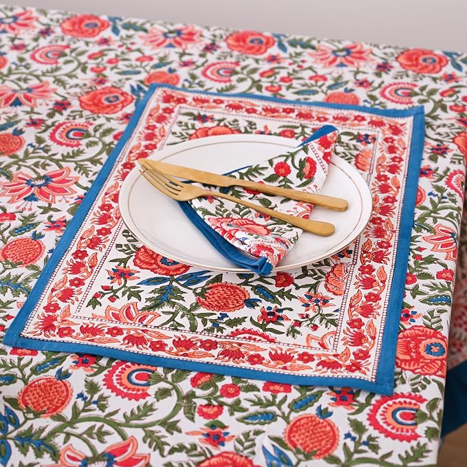 Hand Block Printed Tablecloth, Colorful Floral Print, Indian Artisan Handmade Art, Dining Room, Kitchen, Outdoor Décor, (Peach Floral, 16 Napkins, 72 x 190 Inches Rectangle)