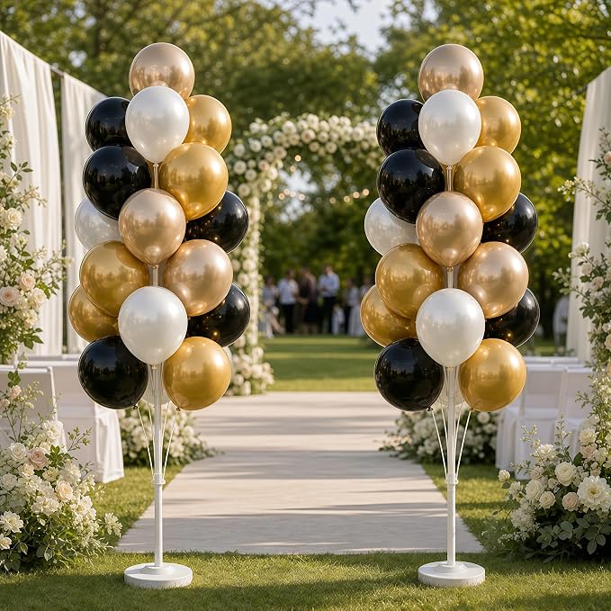 Balloon Column Kit Set of 2 With Balloons Included - with Base, and Pole,Balloon Tower Backdrop Decoration for Wedding, Baby Shower, Birthday Party, or Bachelorette Parties (Black Champagne Gold)