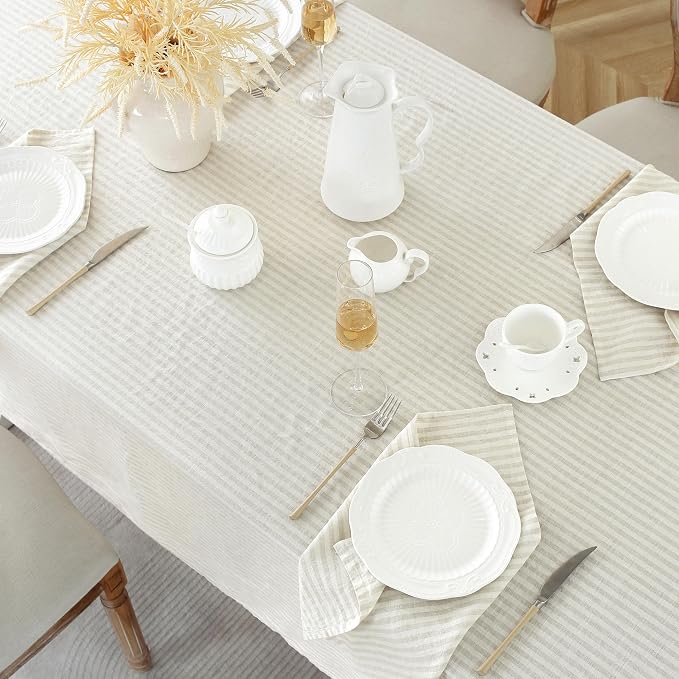 Linen World Stripe Tablecloth 60X120 Inch,100% Flax Tablecloth,10ft Fall Table Cloth Decorative Halloween Christmas Thanksgiving Table Cover,Handcrafted and Machine Washable,Natural Stripe