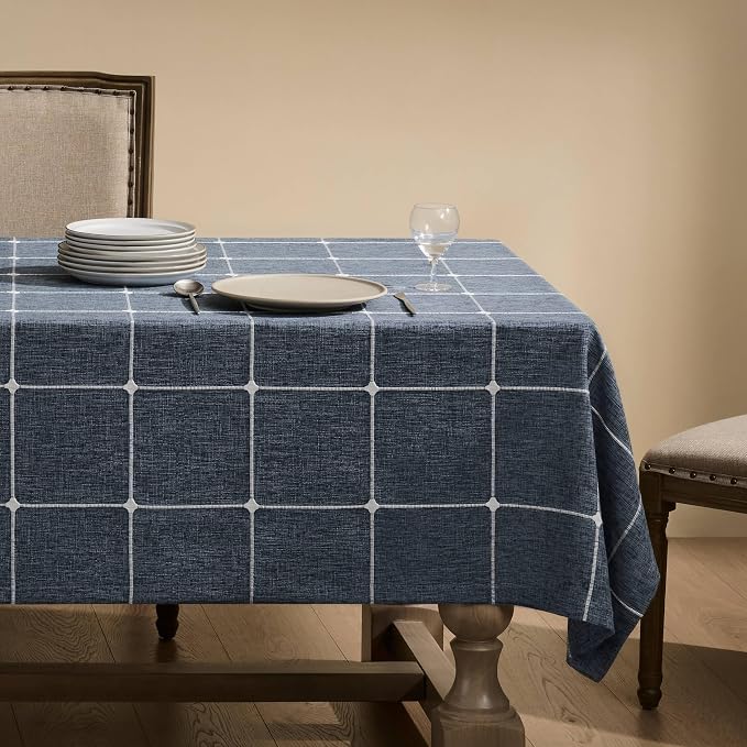 ZeeMart Grid Embroidered Hemmed Tablecloths, Navy Blue 52x70 Inch, Farmhouse Style Heavy Weight Cotton Linen Dark Blue Tablecloths, Boho Plaid Water Resistant Rectangle Table Cloth