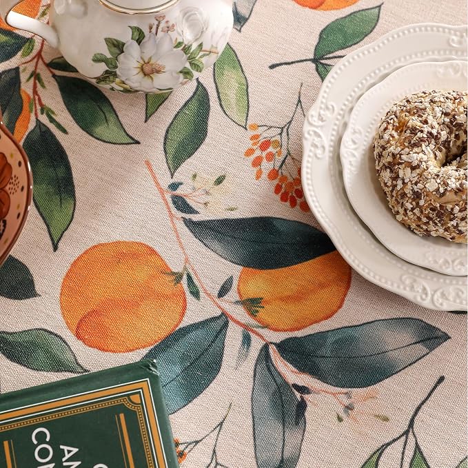 patdrea Designer French Linen Tablecloth,Round,Diameter 67"-Palladin A | Colorful Elegant Table Cloth for Round Table,Orange Floral Patterned,for Dining Room Tea Party Thanksgiving