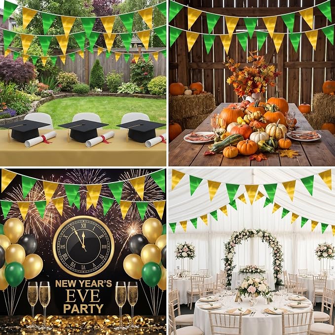 40M/130FT Green Gold Triangle Pennant Banner Flag Metallic Fabric Bunting Garland for Christmas Graduation Wedding Engagement Anniversary Bachelorette Birthday Bridal Shower Hen Party Supplies