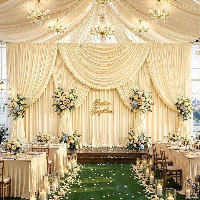 50ftx12ft Wrinkle Free Champagne Backdrop Curtain, 10 Panels 12FT Long Wedding Photo Backdrop Drapes, Silky Polyester Back Drop Cloth for Birthday Photography Background Party Backdrop Draping