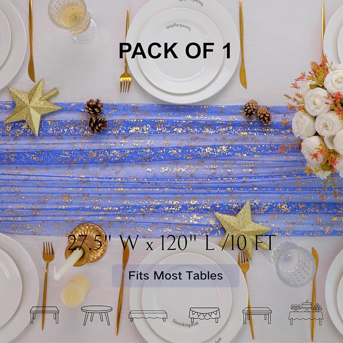 Snowkingdom Royal Blue Gold Table Runner 10 FT 120 Inch, Sparkle Sequin Glitter Metallic Foil Cheesecloth Sheer Gauze Chiffon Tulle Luxury Table Decorations for Wedding Party Birthday Graduation