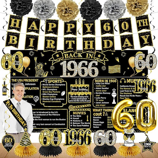 Zirtorei 60th Birthday Decorations for Men Women, 21pcs the Year 1966 Banner Balloon Party Supplies, Black Gold 60 Year Old Birthday Backdrop, 60 Bday Honeycomb Centerpiece Hanging Swirls Sash Gifts