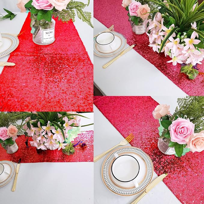 12 Packs 12 X 72 Inch Red Sequin Table Runner Glitter Dining Table Runner for Birthday Wedding Engagement Bridal Baby Shower Bachelorette Holiday Celebration Party Supplies Decorations (Red)