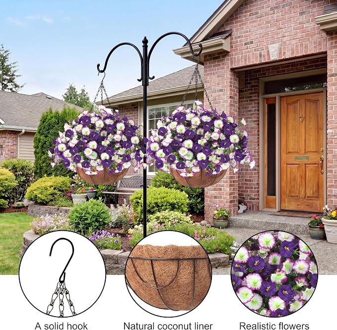 Artificial Flowers for Outdoors with Baskets Hanging Plant Faux Flowers UV Resistant Fake Silk Morning Glory with Eucalyptus for Planter Porch Garden Home Spring Summer Decoration(Gradient Purple)