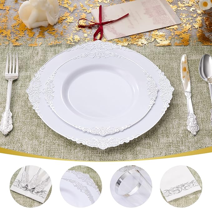 Fijinhom 350pcs Silver Plastic Plates, Elegant Disposable Dinnerware Set, 125 Pieces, White and Gold, Plates, Cups, Cutlery and Napkins (Silver, 50 Guests)