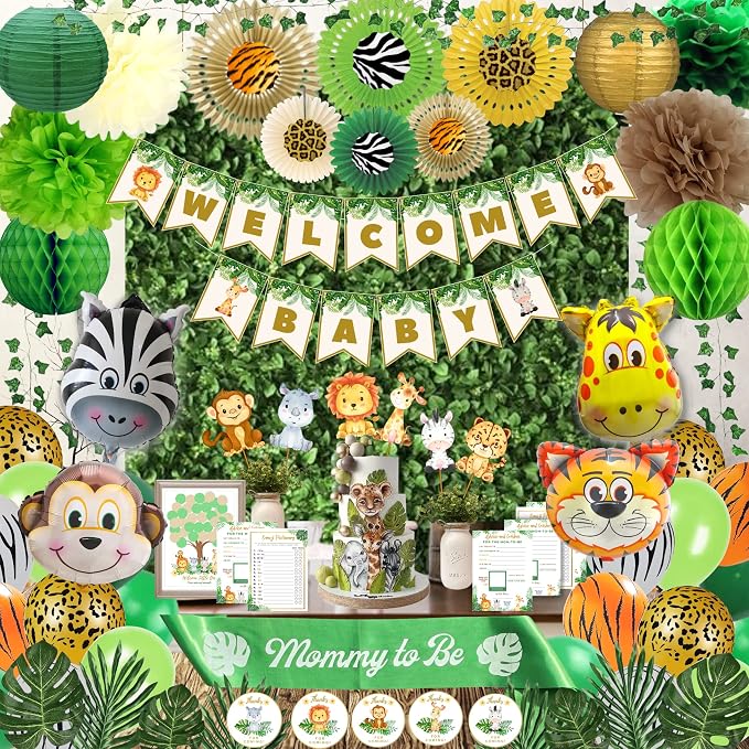 207 Pc Jungle Baby Shower Decorations for Boy - Safari Theme Party Kit | Safari baby shower decor for boy - balloons, banner, animal cutouts, paper fans, guest book, games & sash; easy 15-min setup