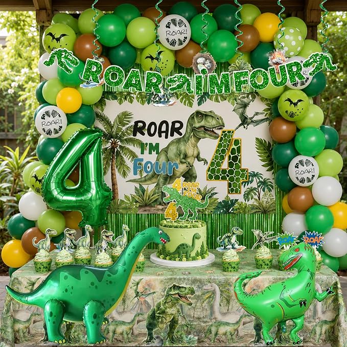 Roar Im Four Dinosaur 4th Birthday Party Decorations, Dinosaur 4th Birthday Party Supplies for Boys Girls, 4 Year Old Dino Theme Party Set with Backdrop, Fringe Curtains, Tablecloth, hanging swirls.