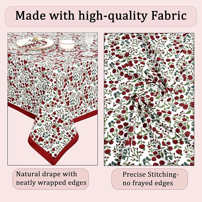 Ridhi Garnet Red and Emerald Green Indian Floral Hand Block Printed Cotton Cloth Tablecloth, Table Cover, Farmhouse Thanksgiving Christmas 4 Seater 60x60 Inches Square