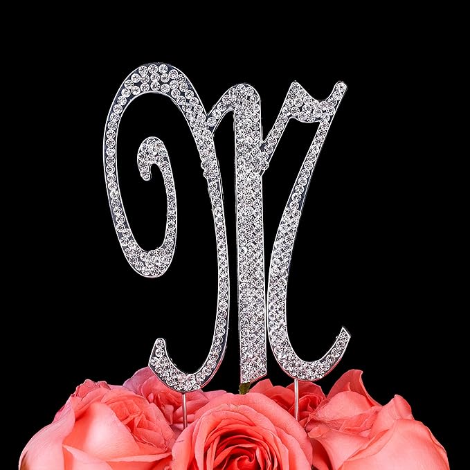 LOVENJOY Gift-Boxed 3" Rhinestone Letter M Cake Topper Silver