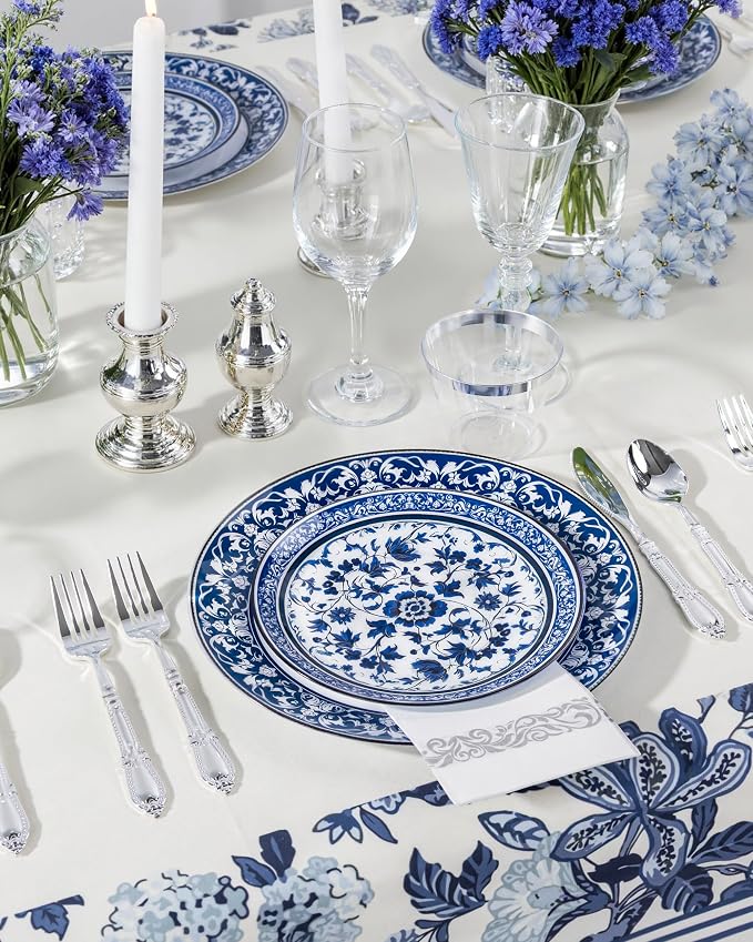 Hioasis 60pcs Blue Plastic Plates Set - Floral Blue & White Porcelain Design, 10.25" Dinner & 7.5" Dessert Plates Disposable for 4th ofJuly & Wedding (Dishwasher Safe, Art Style)