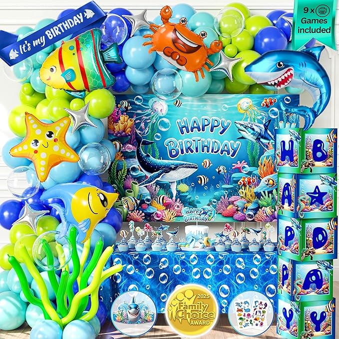 179 Pc Premium Under the Sea Party Decorations – Ocean Themed Baby Shark Birthday Supplies with Balloon Arch Kit, Backdrop, Sea Creatures, Cake Toppers & Tablecloth – Underwater Party Decor for Kids