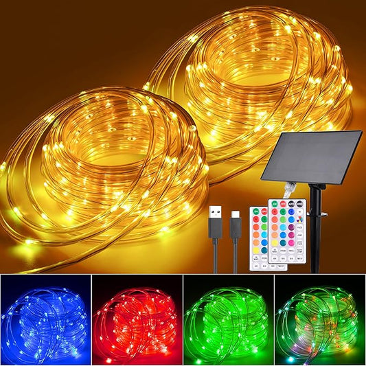 Solar Rope Lights Outdoor Waterproof, 99Ft 300 LED String Light Fairy Solar Powered & USB with Remote, 18 Colors Changing Fairy Lighting for Outside Indoor Patio Yard Pool Christmas Decoration