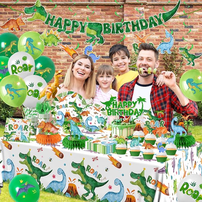 Dinosaur Birthday Party Supplies for Boys,Dinosaur Birthday Decorations Includes Party Plates and Napkins,Banner,12 Balloons,Tablecloth,Cups,Honeycomb Cupcake Topper,Hanging Swirls,Serve 24