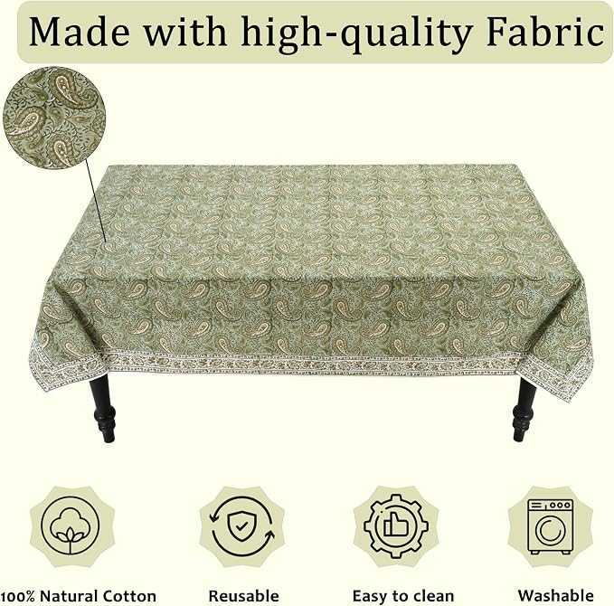 Ridhi Block Print Nostalgic Naturals Rectangle Cotton Tablecloth 108" x 70" Reusable Table Cover Decorative Everyday Use for Dining, Farmhouse, Home Gift for Spring, Easter, Valentine