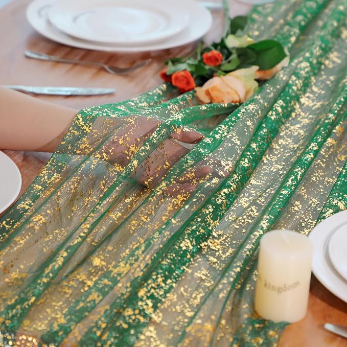 Snowkingdom Green Gold Gauze Table Runner 10FT 120 Inch Long, Glitter Sheer Sparkle Metallic Foil Dining Table Centerpieces Decoration for Birthday Party Wedding Shower Anniversary Graduation Holiday