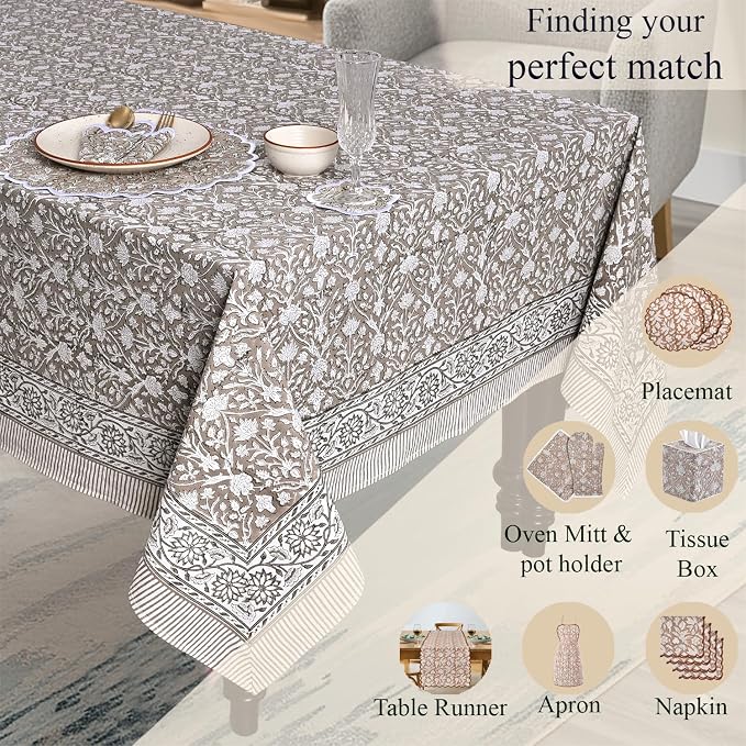 Ridhi Taupe Hand Block Print Cotton Rectangle Tablecloth 108" x 70" inches Reusable Table Cover Decorative Everyday Use for Dining Room, Farmhouse, Home Gift for Spring, Mother's Day