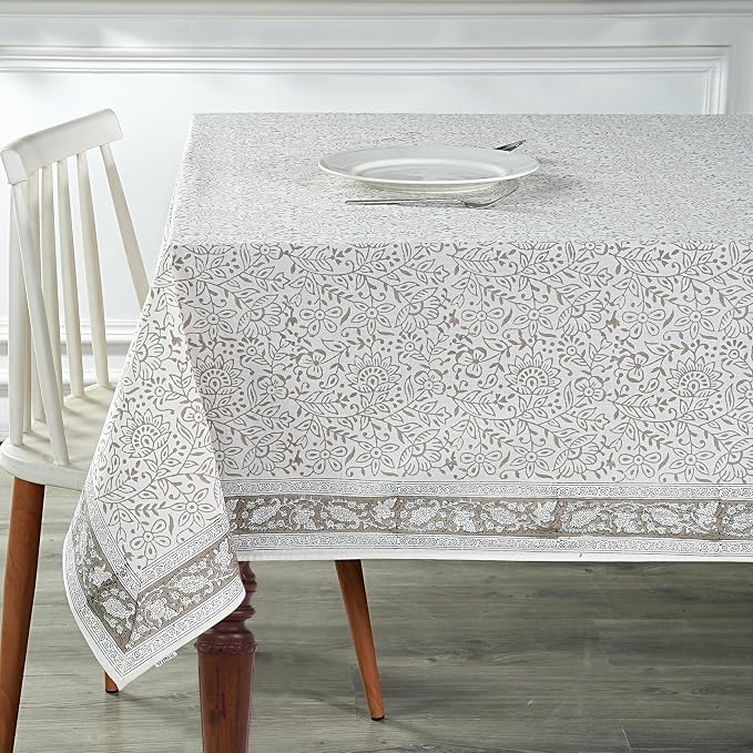 Ridhi Taupe Jal Hand Block Print Cotton Rectangle Tablecloth 140" x 72" inches Reusable Table Cover Decorative Everyday Use for Dining Room, Farmhouse, Home Gift for Spring, Mother's Day