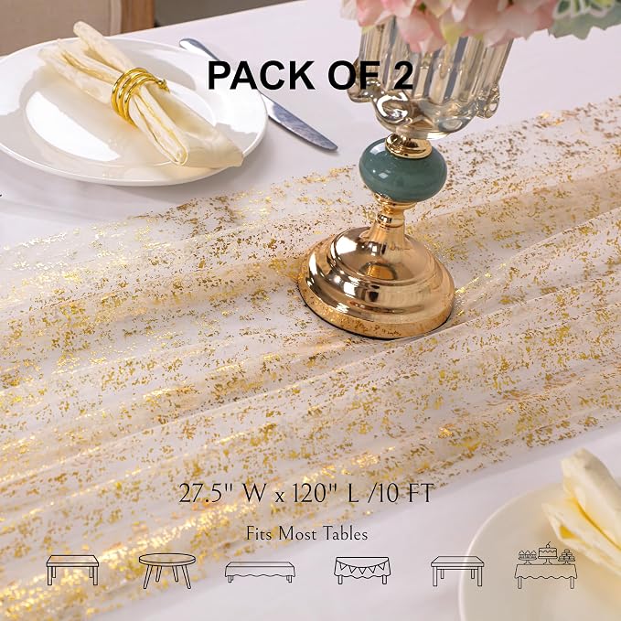 Snowkingdom 2Pcs Gold Gauze Table Runners 10Ft Sheer Chiffon Cheesecloth Wedding Runner, Golden Sequin Glitter Metallic Foil Party Table Decorations Centerpieces for Birthday Thanksgiving Christmas