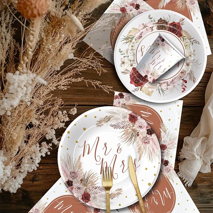 Mr And Mrs Bridal Shower Decorations Tableware, Mr Mrs Boho Wedding Party Supplies, Paper Plate, Cup, Napkin, Cutlery, Pampas Grass Theme Bridal Shower Table Decorations, Serves 24
