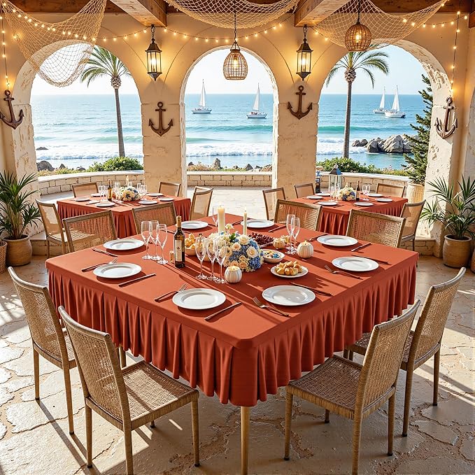 Wish Care Rust Spandex Tablecloths for 48x48 Inch Square Tables, Stretch Fitted Table Clothes with Pleated Ruffle Skirt for 48” Table, Wrinkle Free and Elastic, for Party Kitchen Home Dining