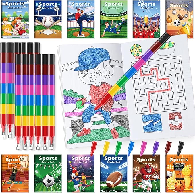 BenLouis 24 Sports Mini Coloring Books Kids with 24 Stacking Crayons Sports Party Favors Activity Books Bulk for Kids Boys Sports Birthday Goodie Bag Gift Stuffer Classroom Reward
