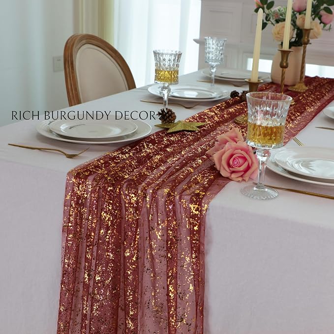 Snowkingdom Burgundy Gold Gauze Table Runner 10 Ft, Glitter Sheer Metallic Foil Sparkly Table Decor Centerpiece for Wedding, Party, Bridal Shower, Banquet, Elegant Dinner Anniversary Holiday Birthday
