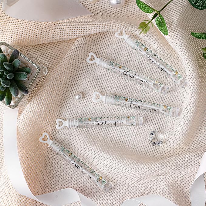 Hollowfly 120 Pack Green Eucalyptus Wedding Mini Bubble Wands for a Wedding Bulk White Heart Bubble for Guests Send off Wand Adult Bridal Exit Shower Party Supplies Valentine Anniversaries Celebration