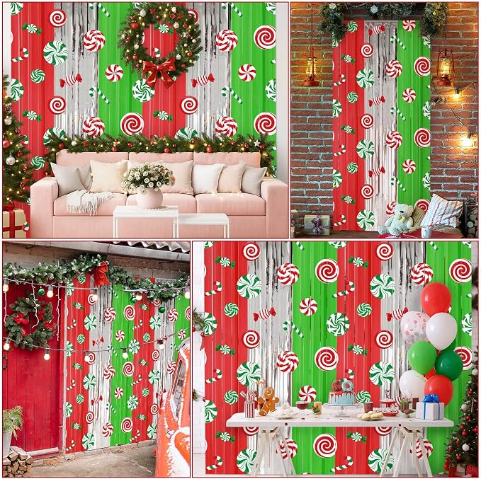 Blosssound 2 Packs Christmas Party Decorations 3.3 x 6.6 ft Candy Cane Foil Fringe Curtain Xmas Holiday Tinsel Streamers for Xmas Winter Holiday Baby Shower Decoration(2 Packs, Christmas Candy)