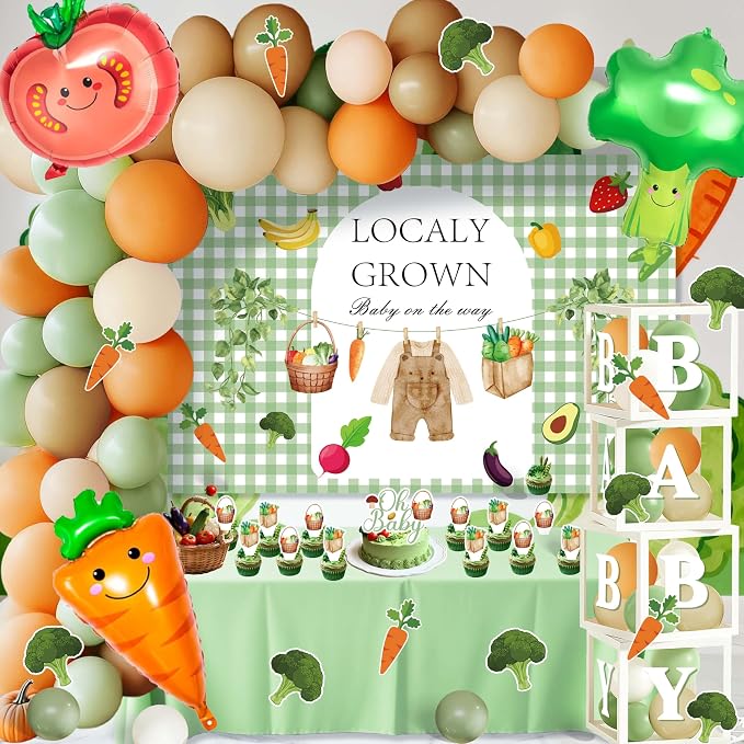 Locally Grown Baby Shower Decorations - Farmers Market Theme Party Supplies Include Balloon Garland Arch, Backdrop, 4 Boxes, 3 Vegetable Foil Balloons - Garden Fresh Veggie Decor Sage Green Neutral