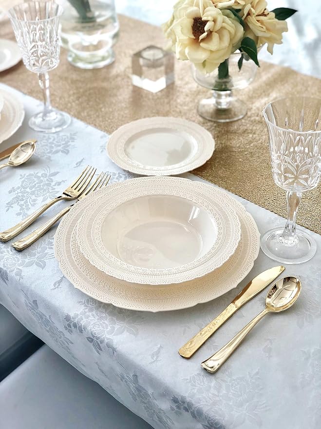 OCCASIONS 120 Guests Heavy Duty Disposable Plastic Plates Set – 11" Dinner & 8.25" Salad Plates, Premium Reusable Party Plates for Weddings, Events, Fancy Dinnerware – Chateau Ivory