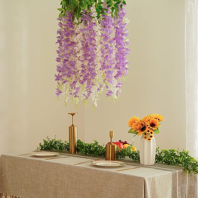 BLEUM CADE 36Pcs White & Purple Fake Wisteria Hanging Flowers, 3.6Ft/Pcs Artificial Wisteria Garland, Hanging Flowers for Wedding Party Home Backdrop Wall Decoration