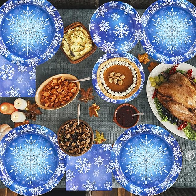 182 Pieces Frozen Birthday Party Supplies Serve 30,Blue and Purple Snowflake Winter Wonderland Disposable Tableware for Christmas Winter Holiday Decorations