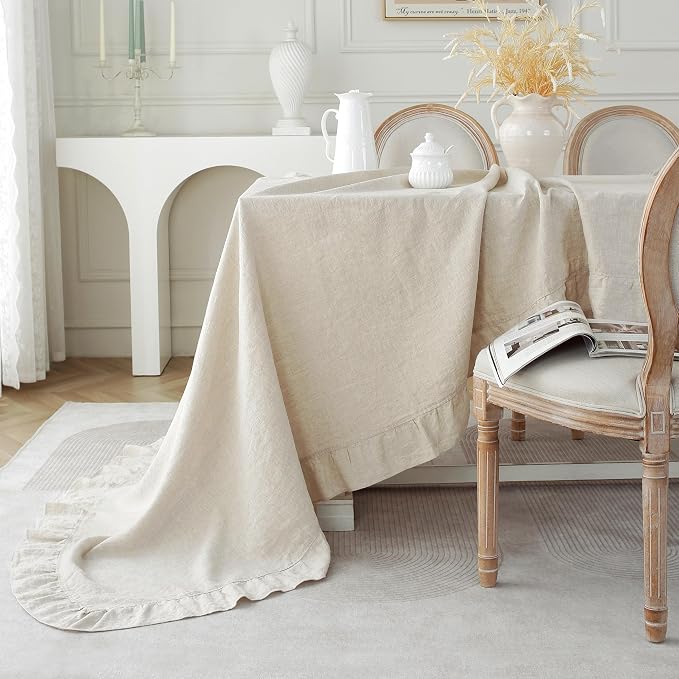 Linen World Ruffle Linen Tablecloth,100% French Linen Natural Tablecloth 90" x 60" Inch,Washable Rectangular Tablecloth for Dining,Outdoor,Weddings and Restaurants,Decorative Thanksgiving Christmas
