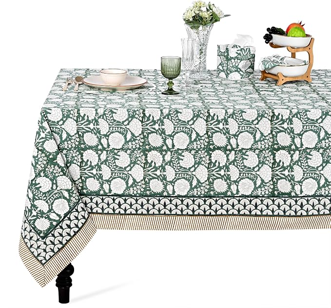 Ridhi Turquoise Moss Green Hand Block Print Cotton Rectangle Tablecloth 108" x 70" inches Reusable Table Cover Decorative Everyday Use for Dining Room, Farmhouse, Home Gift for Spring, Mother's Day