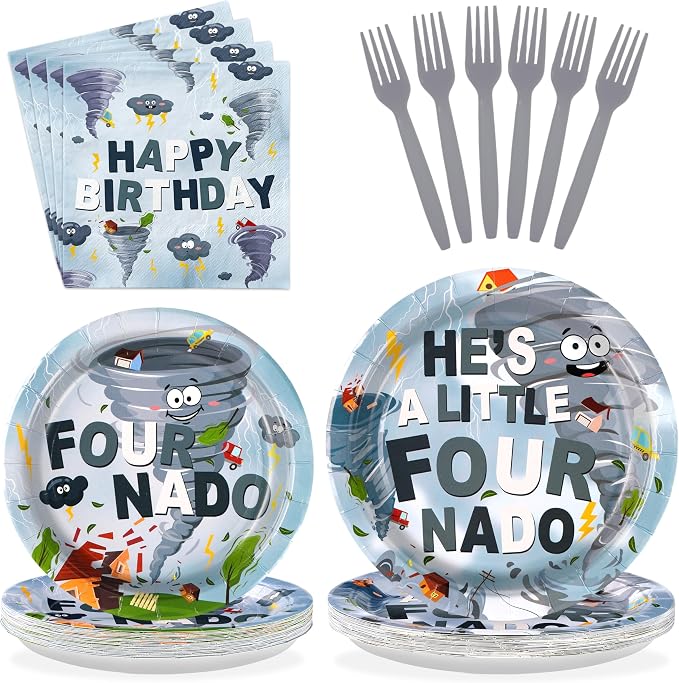 96Pcs Fournado Birthday Party Decorations 4th Birthday Boy Plates and Napkins Disposable He is a Little Four Nado Four Nado Tableware for Boys Kids 4 Year Old Party Supplies, Serves 24