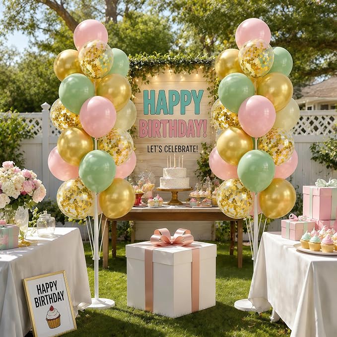 Hiins Balloon Column Kit Set of 2 With Balloons Included - with Base, and Pole,Balloon Tower Backdrop Decoration for Wedding, Baby Shower, Birthday Party, or Bachelorette Parties (Sage Green Gold)