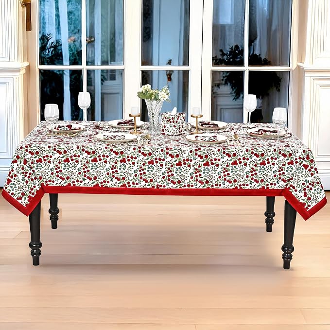 Ridhi Garnet Red Hand Block Print Cotton Rectangle Tablecloth 190" x 72" inches Reusable Table Cover Decorative Everyday Use for Dining Room, Farmhouse, Home Gift for Spring, Mother's Day
