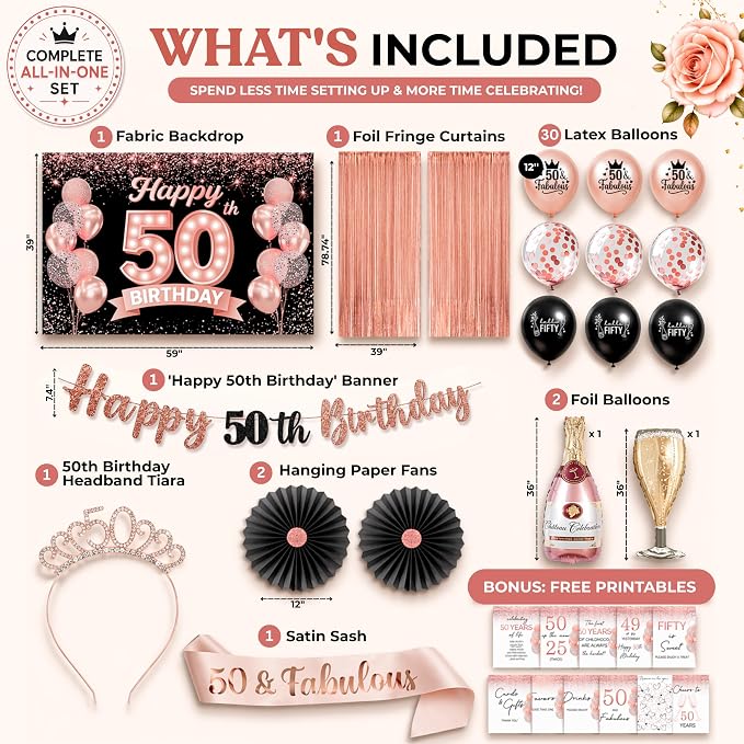 Premium 50th Birthday Decorations for Women - Rose Gold & Black 40 Pc Kit | 2026 Family Choice Award winner; Oxford-cloth backdrop (not paper), 30+ balloons, banner, tiara, sash & printable signs